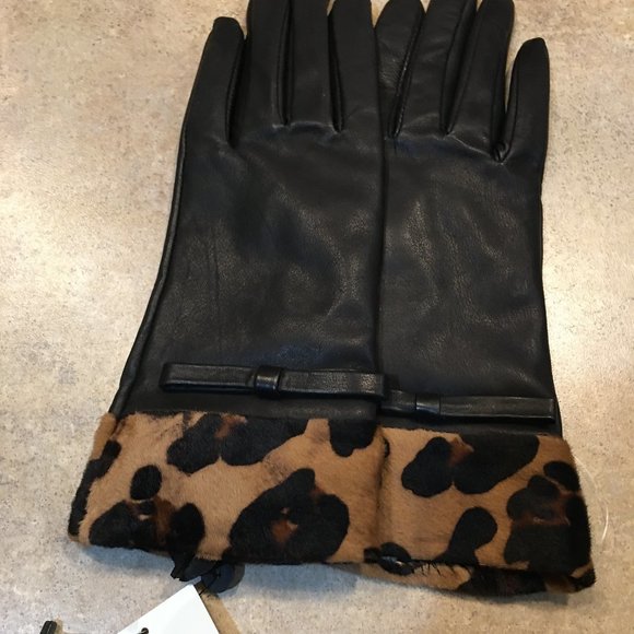 NEW w/tags Women's ETIENNE AIGNER Black Leather Gloves with Leopard Cuff - Picture 1 of 3